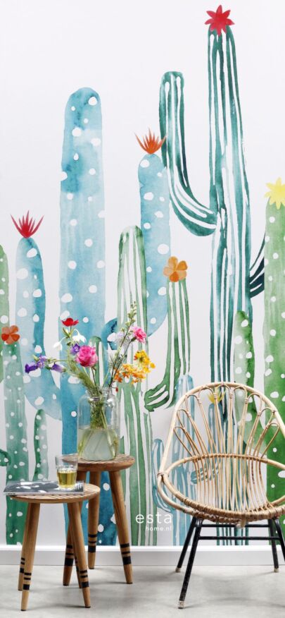 fototapet  akvarelmalet blomstrende kaktus tropisk junglegrønt og turkis