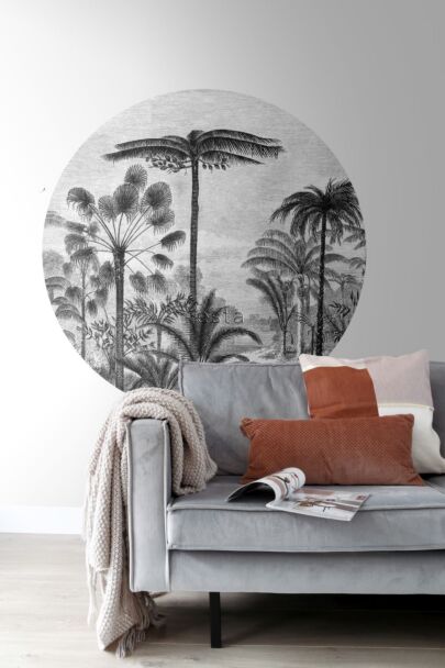 stue selvklæbende fototapet rundt tropisk landskab med palmetræer sort og hvidt 159006