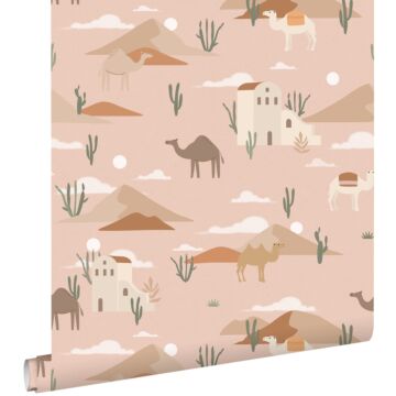 tapet kameler og kaktusser terracotta pink