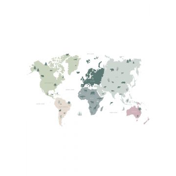 fototapet  verdenskort for børn mintgrønt, gråt og lyserødt