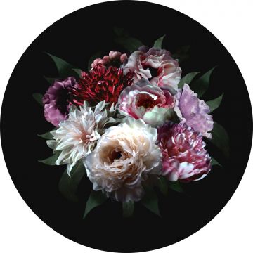 selvklæbende fototapet rundt stilleben med blomster mangefarvet på sort