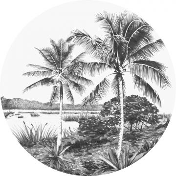 selvklæbende fototapet rundt tropisk landskab med palmetræer sort og hvidt