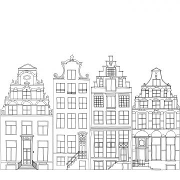 fototapet  tegnede kanalhuse i Amsterdam sort og hvidt