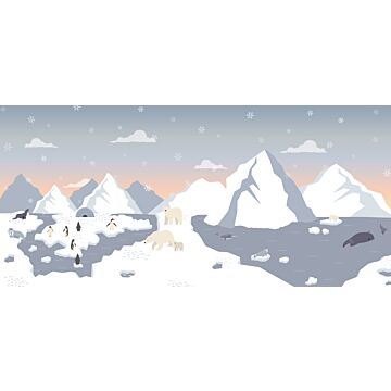 fototapet  isbjørne, pingviner og sæler i sneen blåt og hvidt