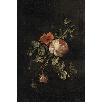 fototapet  stilleben med blomster mørkerødt og sort